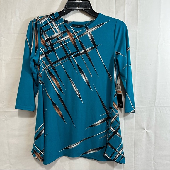 Alfani Womens Printed High Low Swing Tunic in Teal Petite Small - Picture 2 of 9